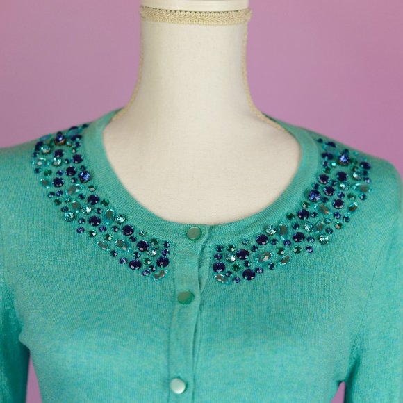Turquoise cardigan with sequined collar - Picture 4 of 8